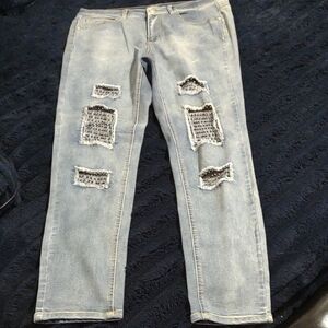 VENUS Light Blue Straight Leg Jeans Distressed with Rhinestone Embellishments
